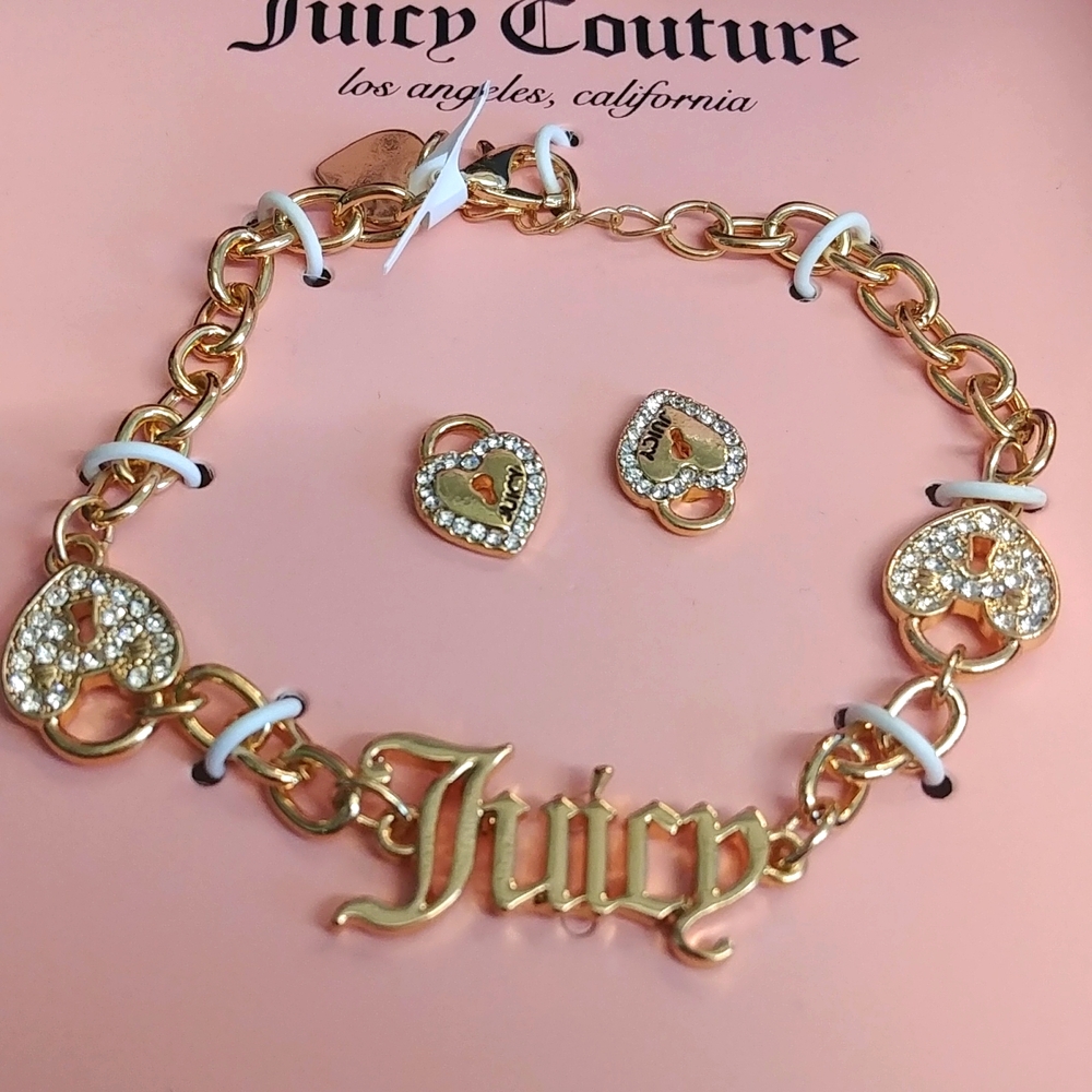 NWT Juicy Couture Heart Locket ID Bracelet "Juicy" and Matching Stud Earring Set